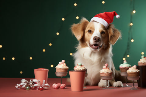 Puppy wearing a Santa hat and eating treats