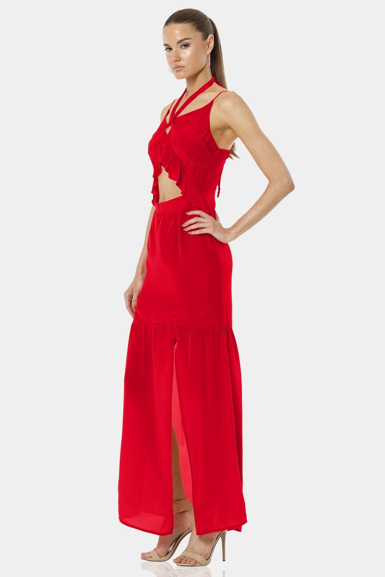 Oceania Red Long Dress With Sexy Cut Outs