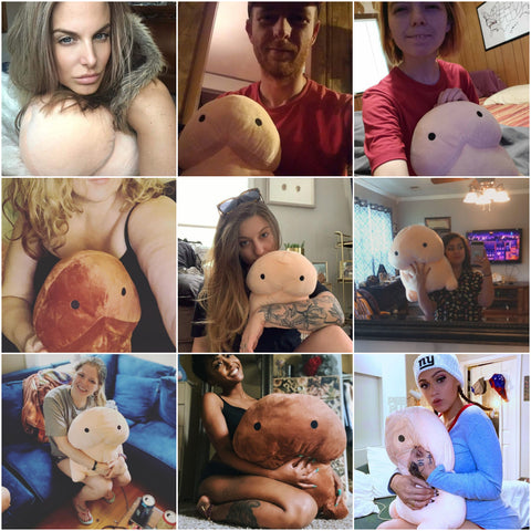 Collage of people with a stuffed animal shaped like a penis