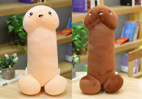 Two penises that are stuffed animals with a laughing look on face