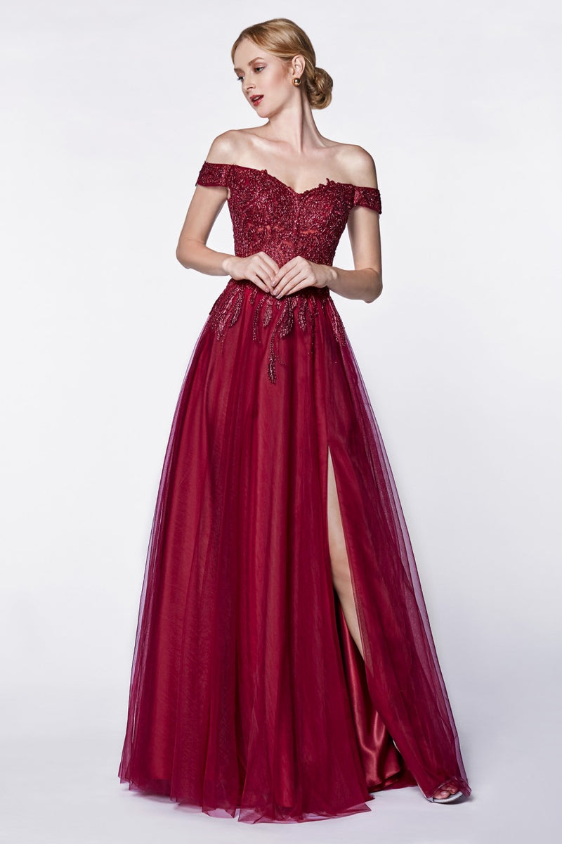 MyFashion.com - Off the shoulder tulle a-line gown with beaded lace bodice and leg slit (CM303) - Cinderella Divine promdress eveningdress fashion partydress weddingdress 
 gown homecoming promgown weddinggown 