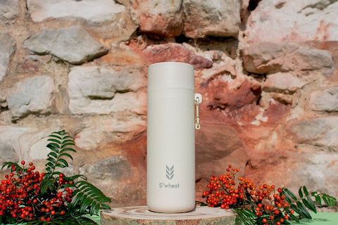 S’wheat reusable water bottle in oat colour surrounded by red cherry plants