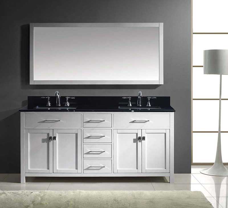 Virtu USA Caroline 72" Double Bathroom Vanity in White with Black Galaxy Granite Top and Square Sink with Polished Chrome Faucet and Mirror 3