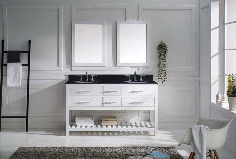 Virtu USA Caroline Estate 60" Double Bathroom Vanity in White with Black Galaxy Granite Top and Round Sink with Brushed Nickel Faucet and Mirrors 3