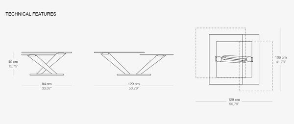 33"W × 33" D × 15¾"H (Closed) 50½"W × 41¾" D × 15¾"H (Opened)