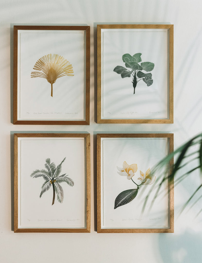 Original framed linoprint collection, botanical gallery wall, modern home design, home interiors, wall art, affordable art, home decor, contemporary art, hand printed, nature prints, limited edition, art for the home, golden coconut, frangipani, ruffle fan, travellers palm