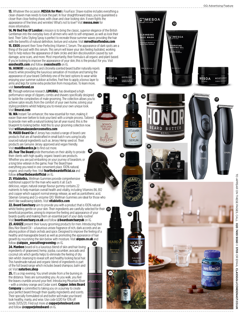 mr red fox of London soho styling spray featured in GQ's may magazine edition. 
