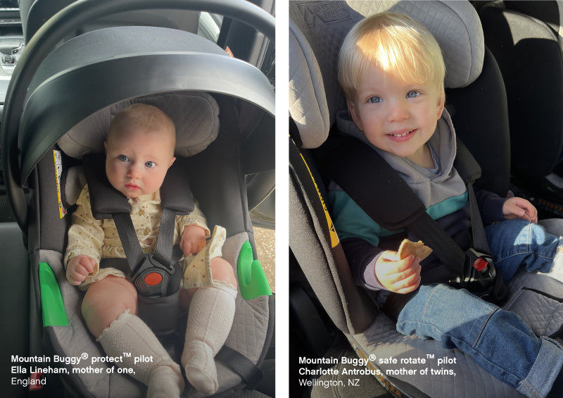 baby sitting in rear facing car seat capsule next to toddler sitting front facing in fixed car seat