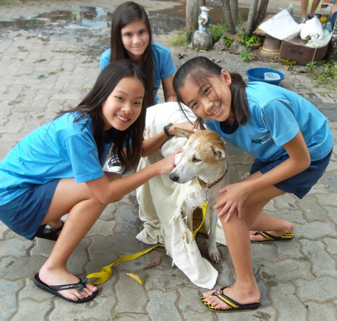 Young girls hug shelter dog