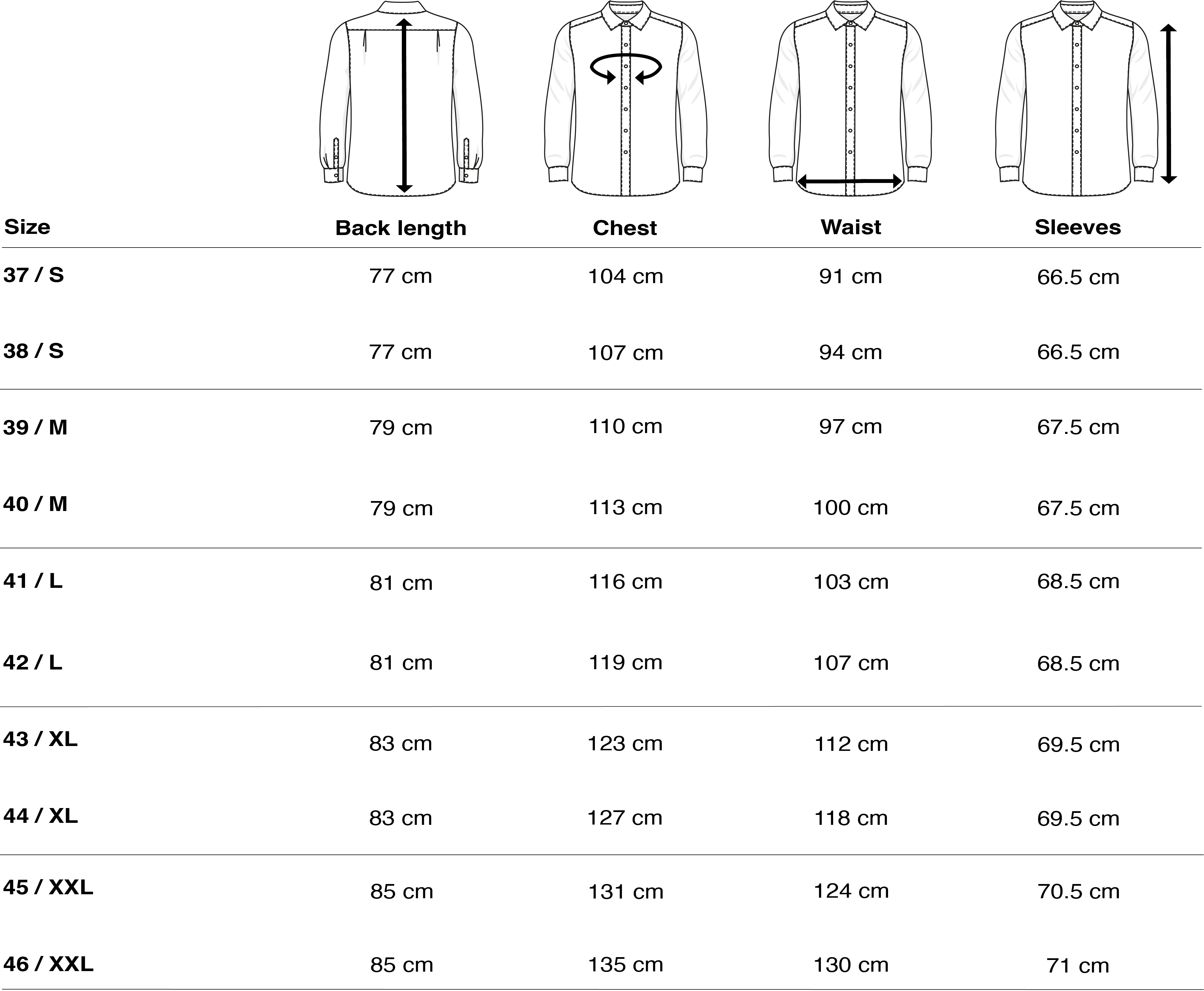 Size chart Vercate Slim fit shirts v2