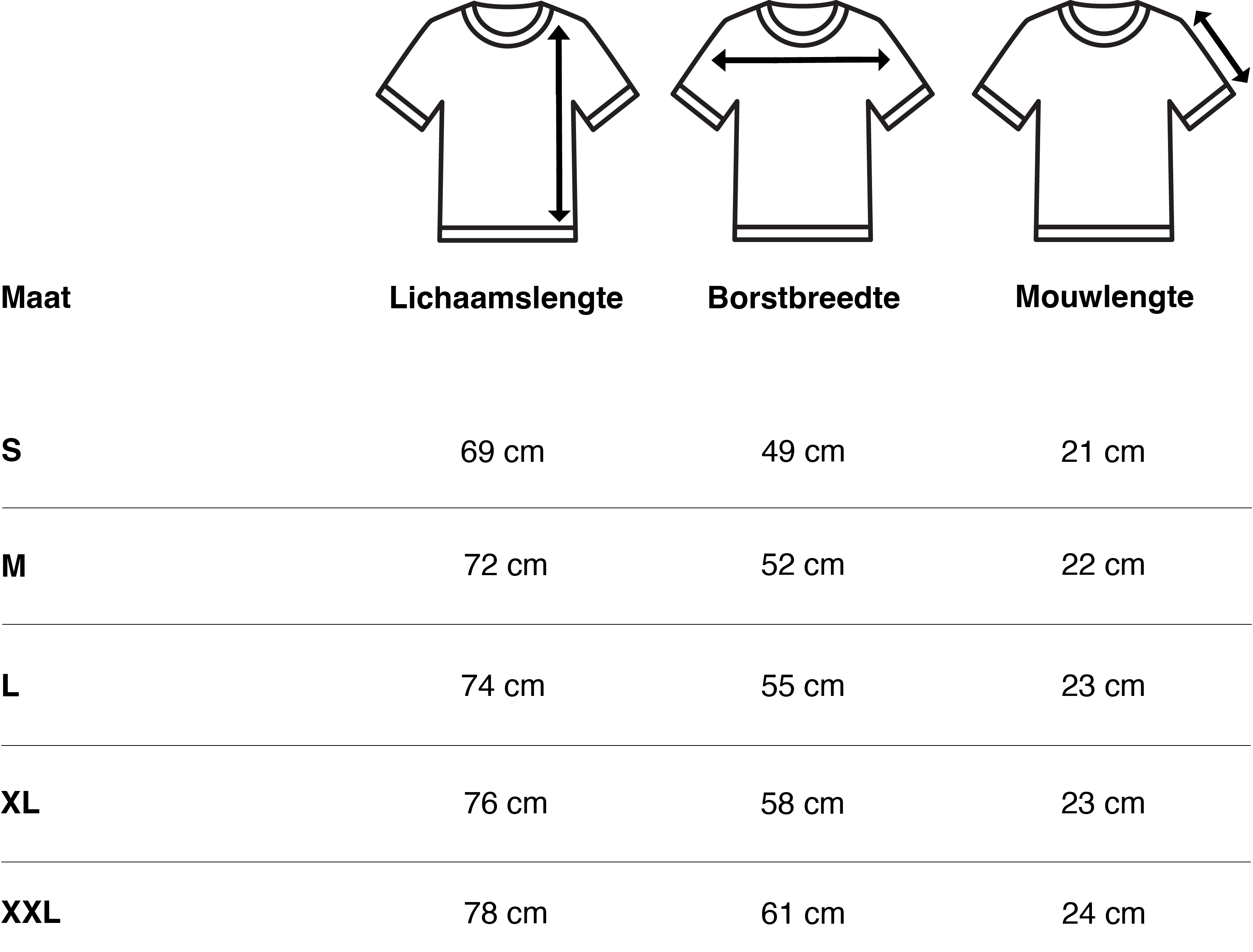 Maattabel t-shirts met korte mouw - Vercate