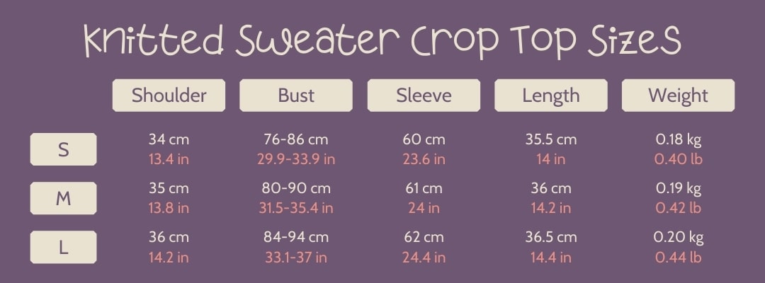 Knitted Sweater Crop Top Size Chart