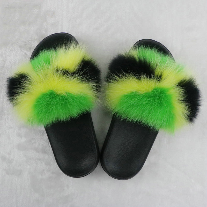 rainbow fox fur slides