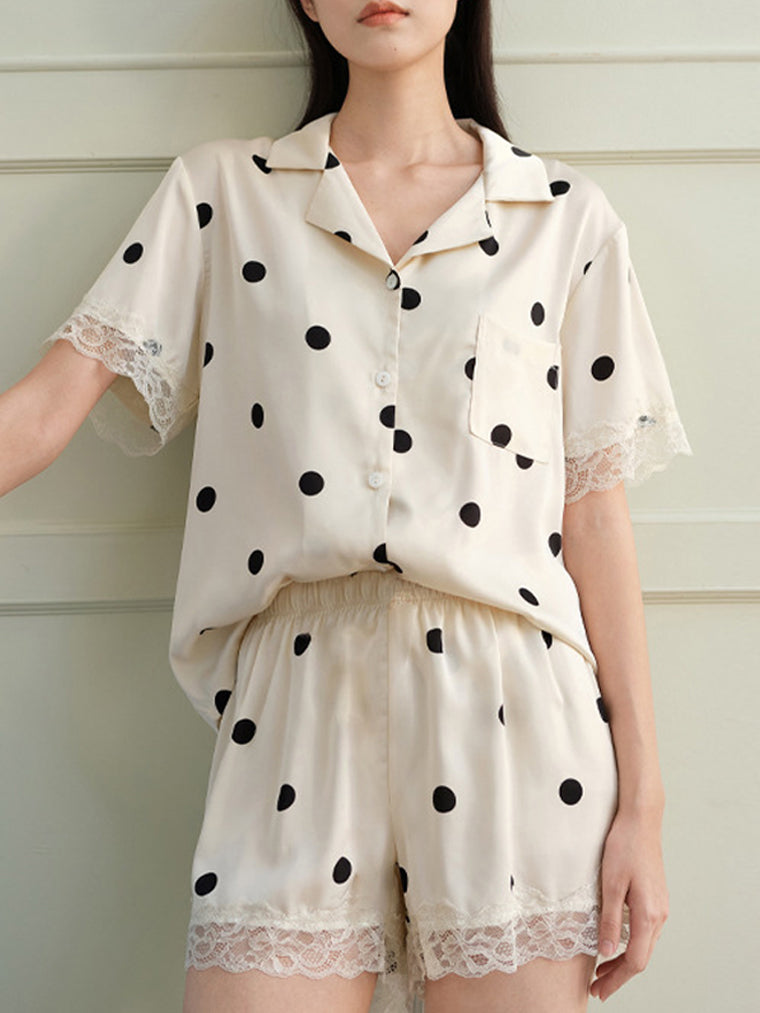 Women's Sleepwear Cute Short Polka Dot Lace-Trim Pajama Set PJs Nightgown