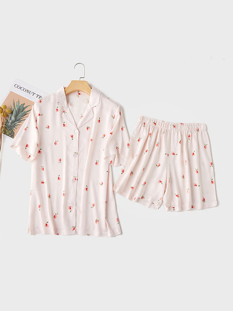 Women's Sleepwear Cute Pink Juicy Peach Print Short Pajama Set Nightgown PJs