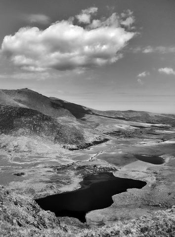 A black and white image of a lake and peaks from the top of the Conor Pass.