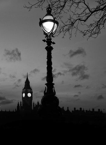 A black and white image of a London street lamp with Big Ben in the background.