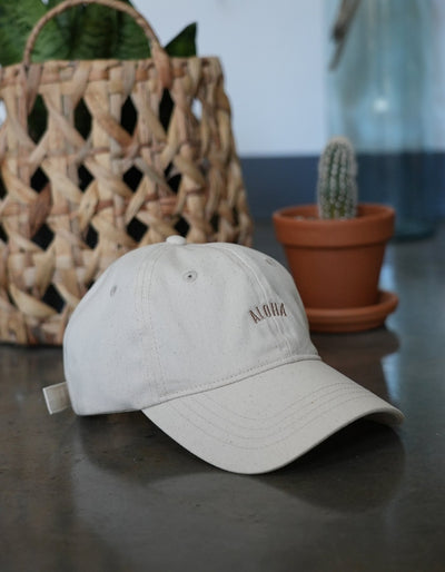 Crimson tavernorlando Aloha Dad hat with the embroidered word aloha across the front.