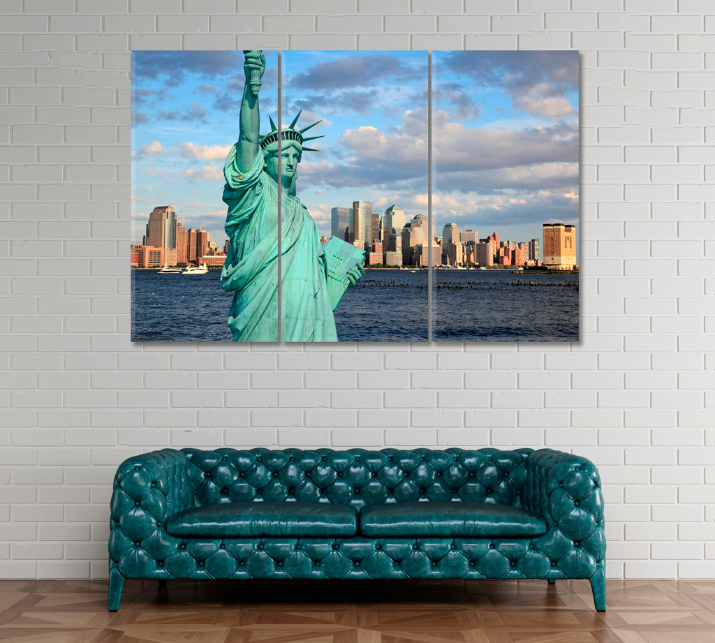 Lower Manhattan Skyline with Statue of Liberty Canvas Print ArtLexy 3 Panels 36"x24" inches 