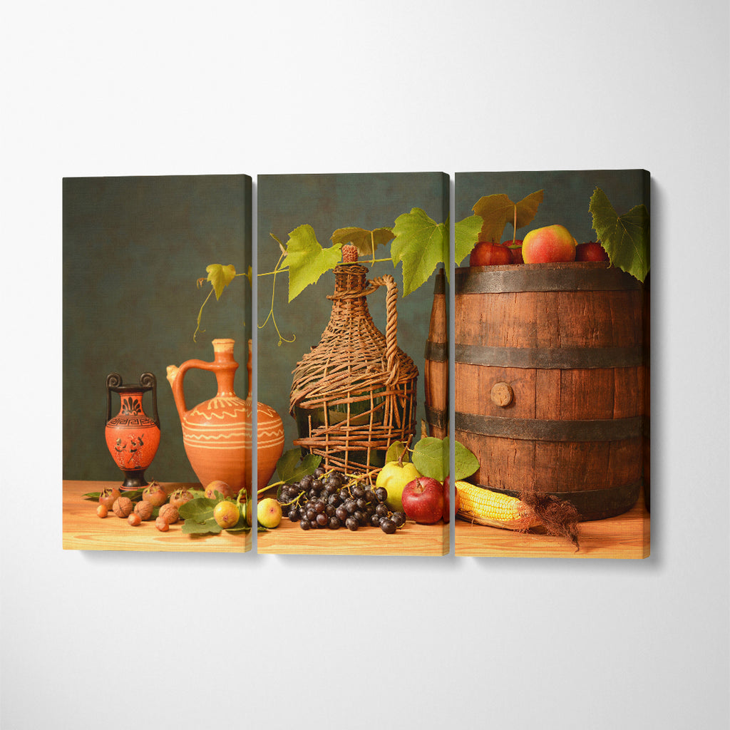 Still Life Wooden Wine Barrel and Grapes Canvas Print ArtLexy 3 Panels 36"x24" inches 