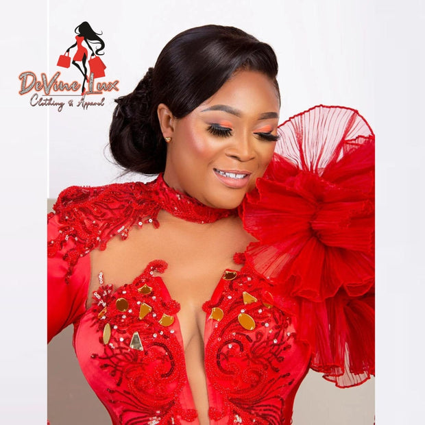 Devine Lux Custom Made Red Cocktail Dress Plus Size High Neck Tassels Sequins Ruffles Sweety_Wedding Store
