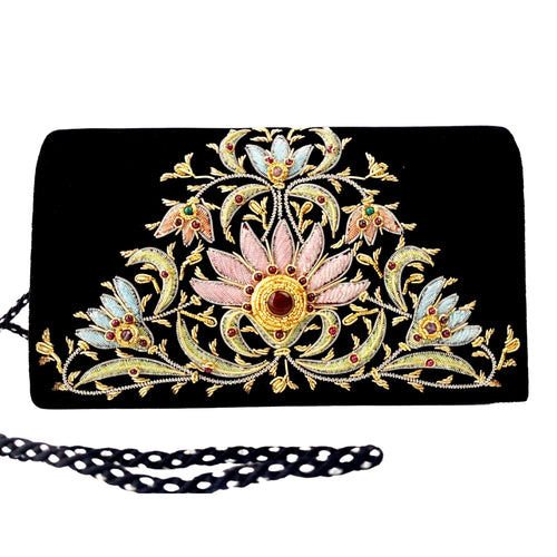 Black velvet evening clutch bag hand embroidered with red daisies, zardozi  purse, OOAK statement clutch, Valentines Day gift for her