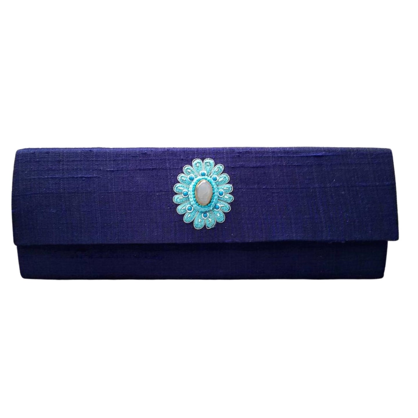 Navy blue rectangular slim silk clutch, zardozi purse.