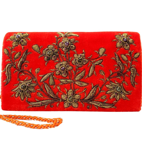 Embroidered Red Velvet Chain Strap Clutch Purse Bag - CozyLadyWear