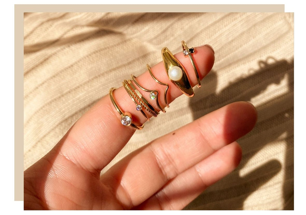 Shop Luna Tales Online, Female Model wearing stacking boho dainty rings moon and star, 4 tips to how to style boho jewellery