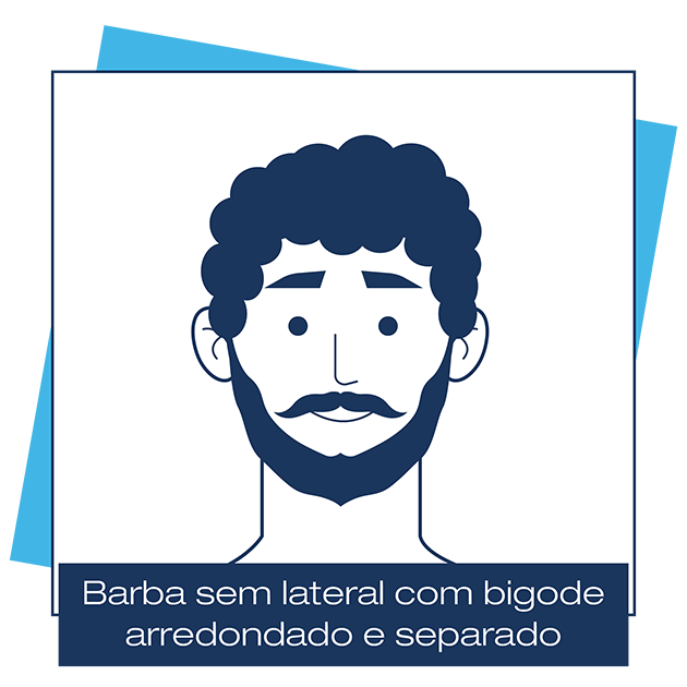 Desenho criado pela Dr. JONES mostra homem com barba sem lateral e bigode separado e arredondado, em artigo sobre modelos de barba para cada formato de rosto.