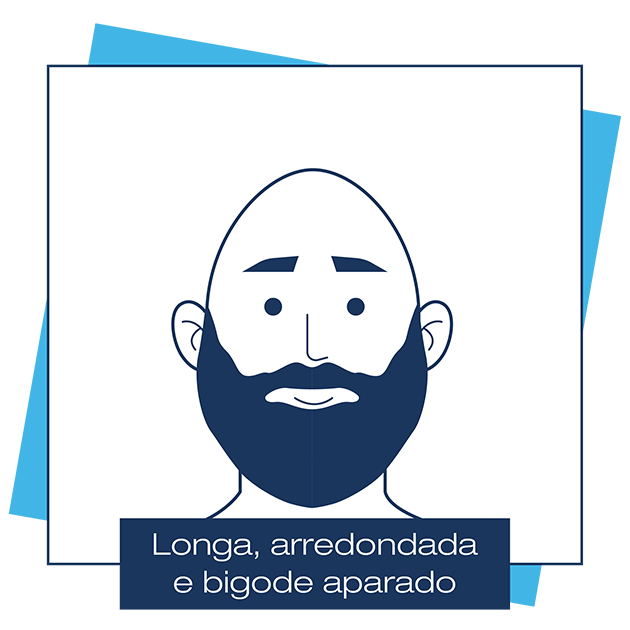 Desenho criado pela Dr. JONES mostra homem careca, com barba longa, arredondada e bigode aparado, em artigo sobre modelos de barba para cada formato de rosto.