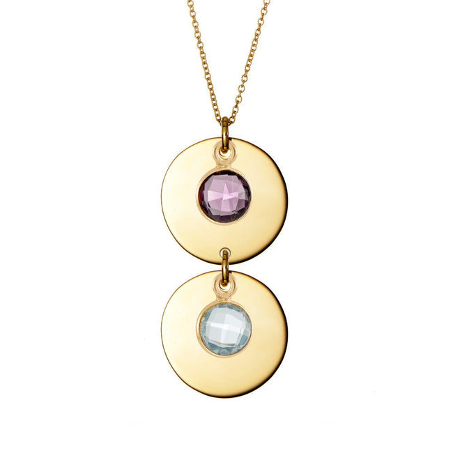 Two Birthstone Mother's Gold Dangling Disc Necklace