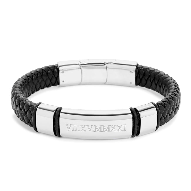 Men's Genuine Leather Stainless Steel Roman Numeral Bracelet