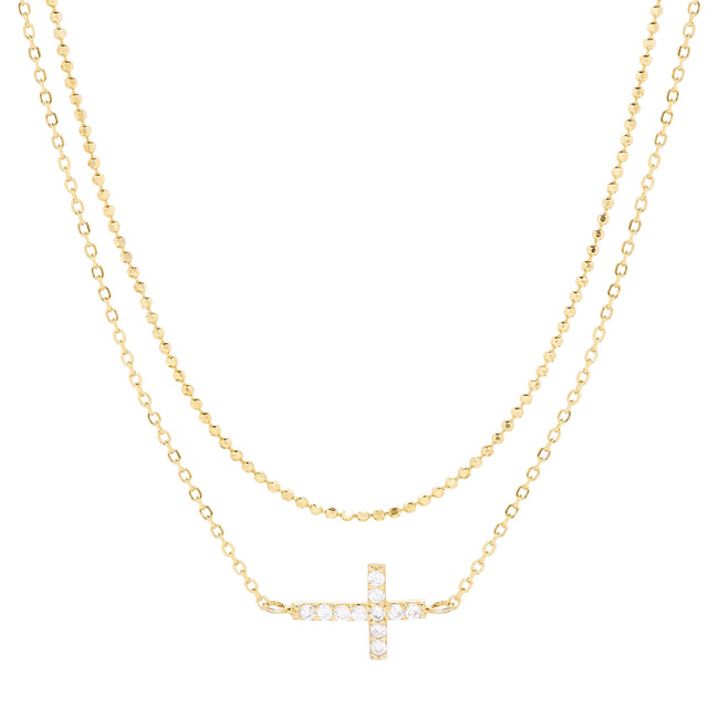 Gold Plated CZ Sideways Cross Layered Necklace Set