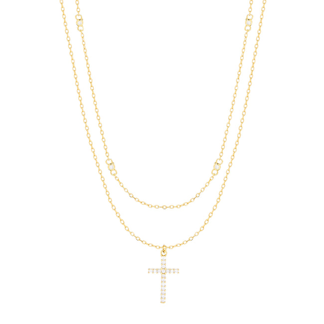 Gold Plated CZ and Cross Layered Necklace Set