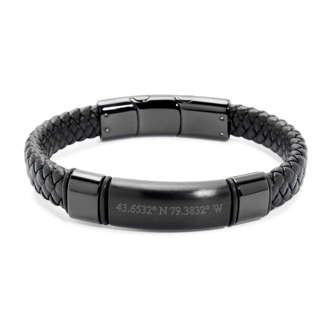 Men's Black Leather Coordinate ID Bracelet