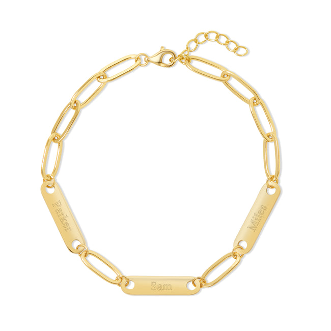 Gold Plated Paperclip Chain Engravable Three Name Bar Bracelet