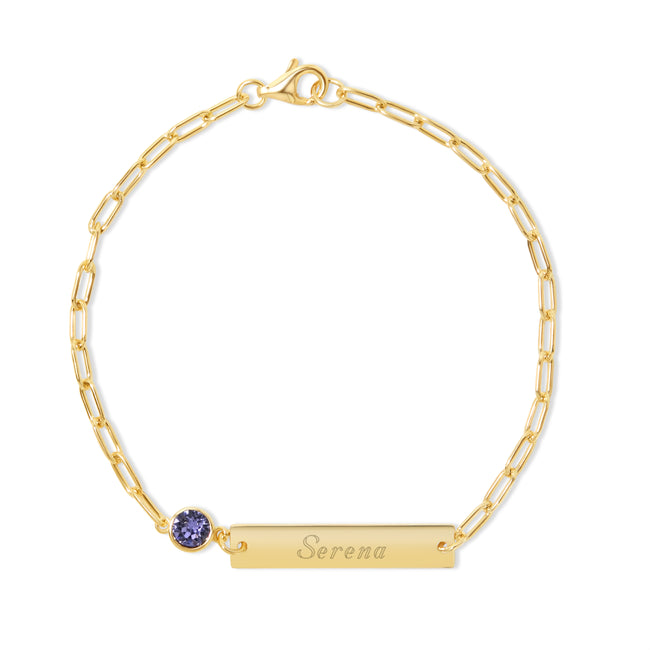 Custom Paperclip Chain Bezel Set Birthstone Gold Name Bracelet