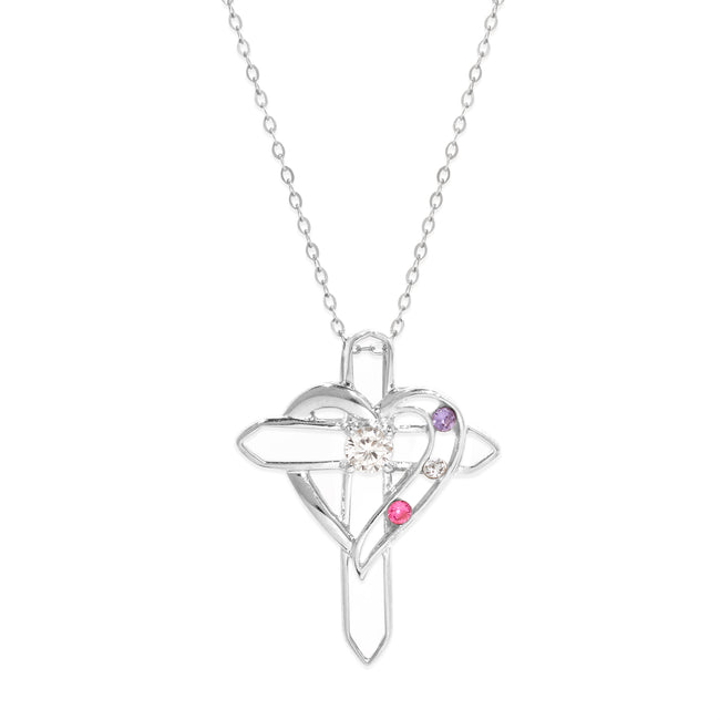 Custom Cross and Heart with 3 Birthstone Necklace