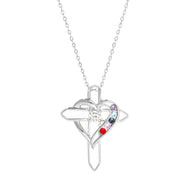 5 Stone Heart with Cross Sterling Silver Birthstone Pendant