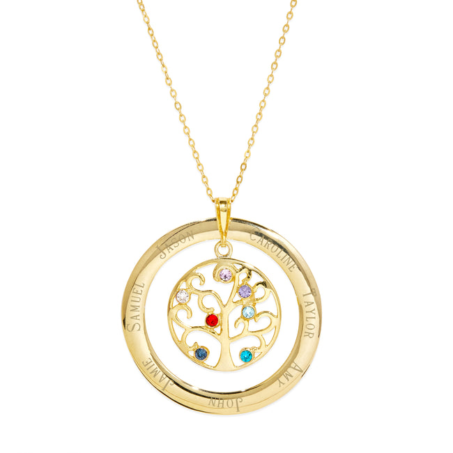 7 Birthstone Engraved Gold Vermeil Family Tree Pendant