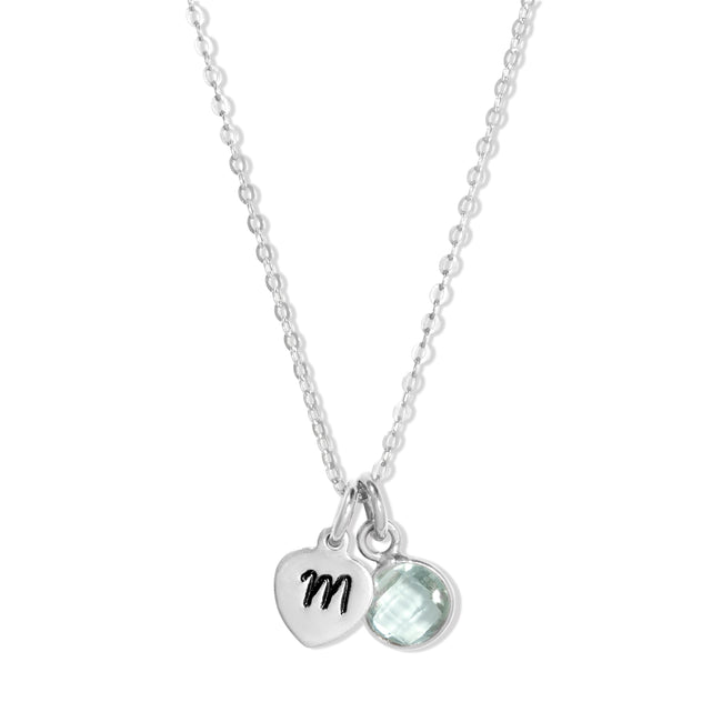 Hand Stamped Silver Heart Initial Birthstone Necklace