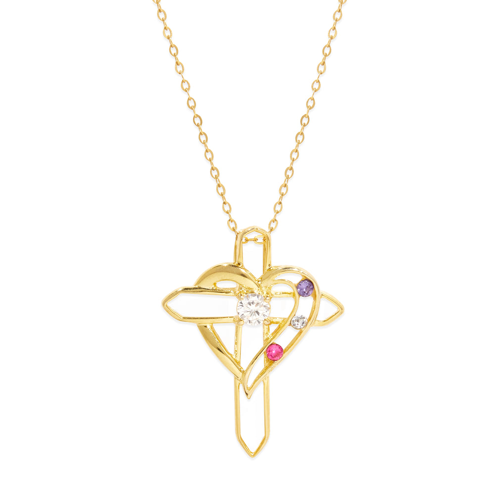 3 Birthstone Heart and Cross Gold Necklace | Eve's Addiction