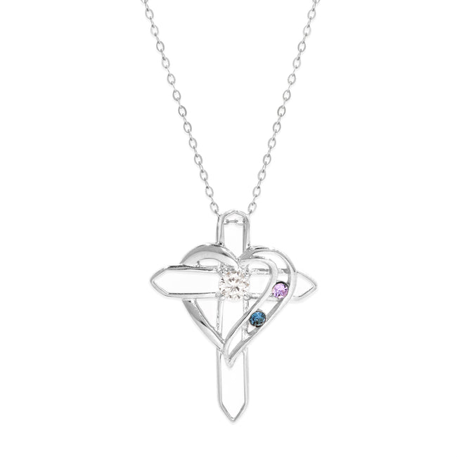 Silver 2 Birthstone Heart and Cross Necklace