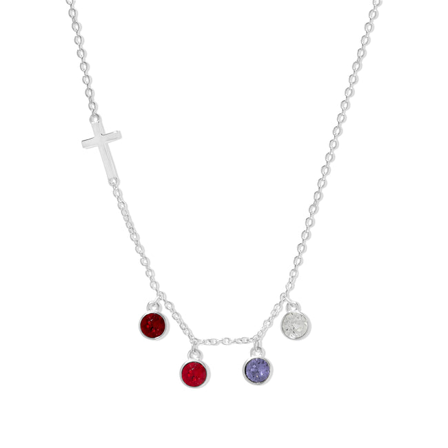 Four Stone Bezel Set Silver Cross Birthstone Necklace