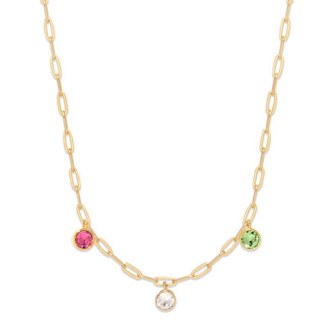 Three Gold Paperclip Chain Birthstone Charm Necklace