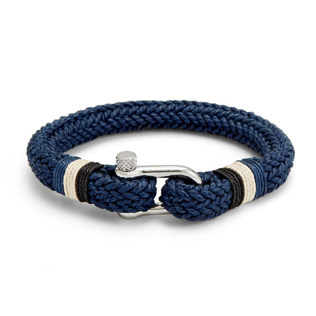 Mens Navy Cotton Fabric And Stainless steel Shackle Bracelet