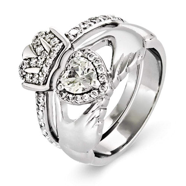 Sterling Silver CZ Claddagh Engagement Ring Set