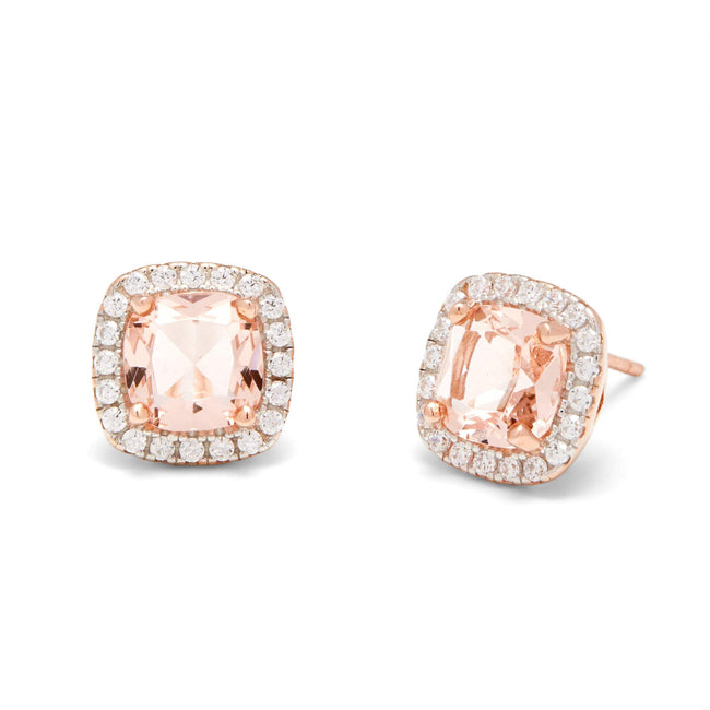 Rose Gold Morganite Square Shape CZ Halo Stud Earrings | Eve's Addiction