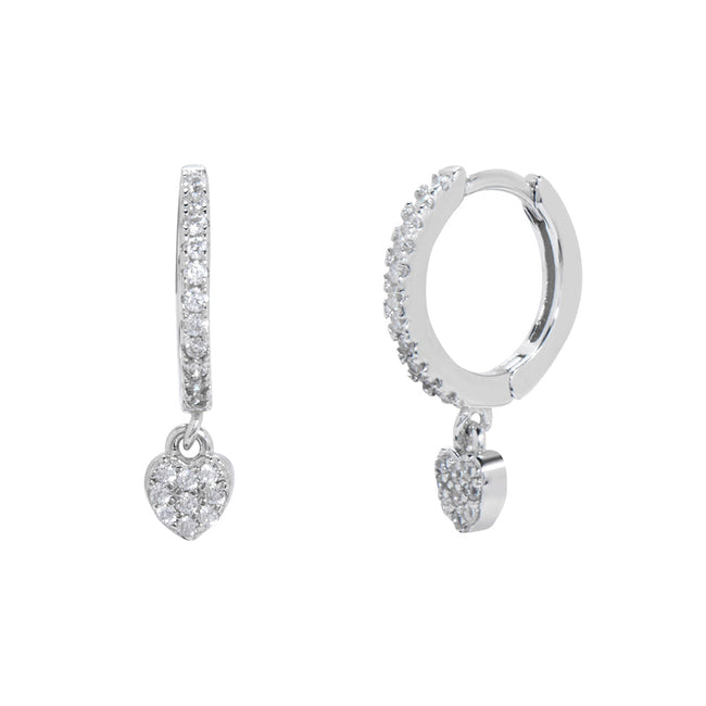 Sterling Silver Petite CZ Heart Charm Huggie Earrings